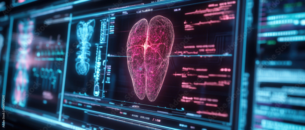 Poster futuristic biosensors with holographic interfaces, showcasing advanced technology for real-time heal