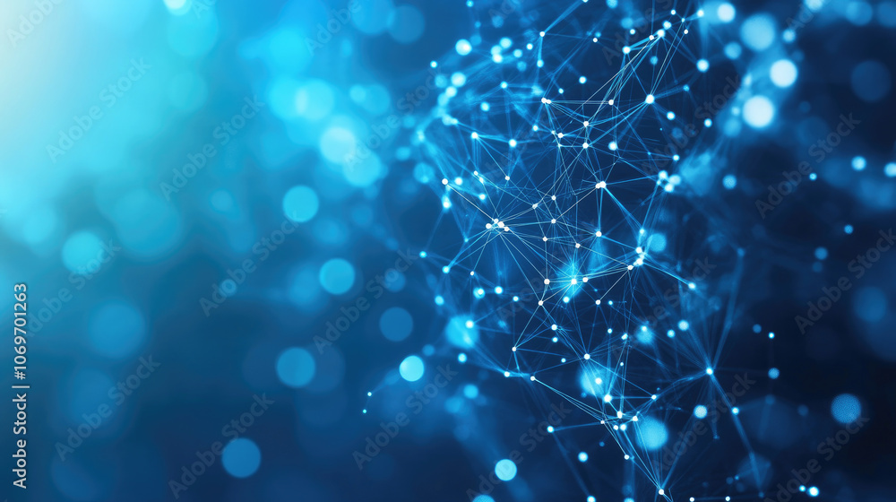 Poster digital technology network, vibrant blue gradient backdrop, white dots representing connections, per