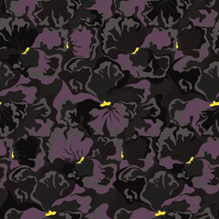 Beautiful exotic black pansy field in spring season. Night blooming flowers wallpaper in lustrous black for fashion, home decor, web graphic, packaging.