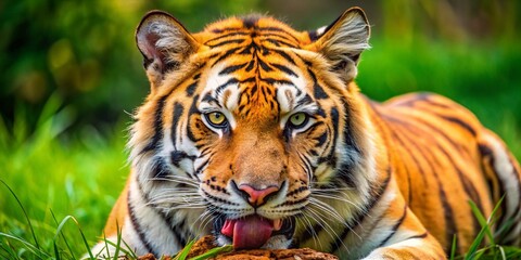 Obraz premium Amur Siberian Tiger Feasting on Raw Meat in a Lush Green Grass Setting, Capturing the Wild Essence of Nature's Predator in a Stunning Food Photography Scene