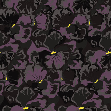 Beautiful exotic black pansy field in spring season. Night blooming flowers wallpaper in lustrous black for fashion, home decor, web graphic, packaging.