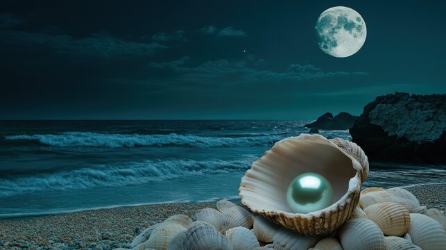 A serene beach scene featuring a shell with a pearl under a full moon.