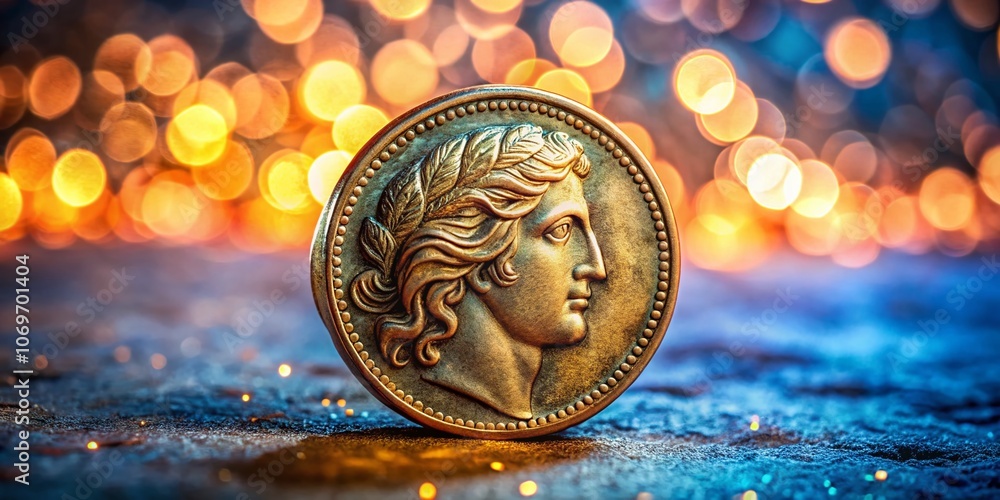 Poster ancient roman coin isolated on white background with bokeh effect, perfect for historical and collec