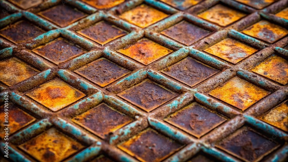 Poster an intriguing macro shot of an old steel sheet with rhombus patterns found in an abandoned house, sh