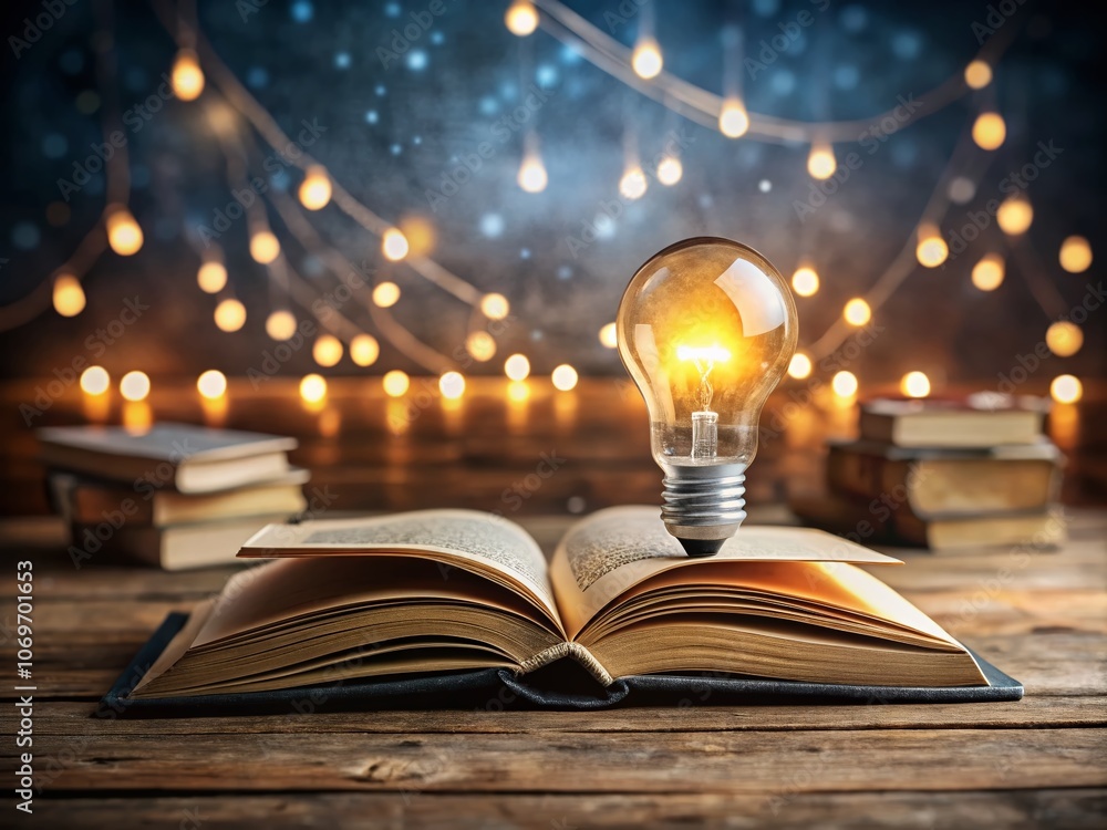 Poster an open book with glowing light bulbs emanating from its pages, symbolizing creativity and knowledge