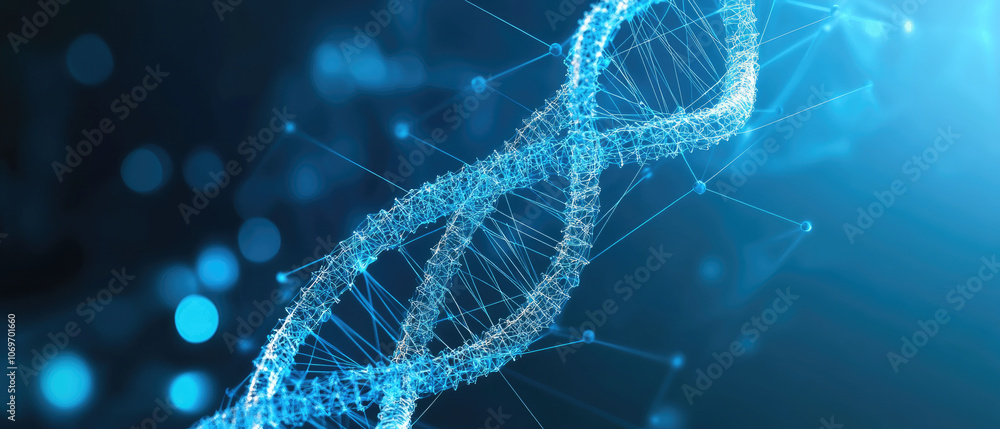 Poster dna helix structure intertwined with network connection lines, representing the fusion of medicine a