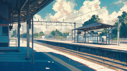 Fototapeta premium 晴れ渡る青空の下、日本の地方駅ホーム｜静寂な風景と線路のある夏の日