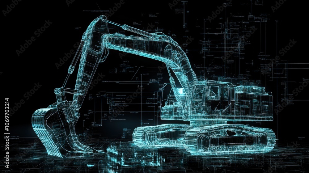 Aufkleber a realistic 3d render of a powerful excavator, detailed with mechanical components, overlaid with bl