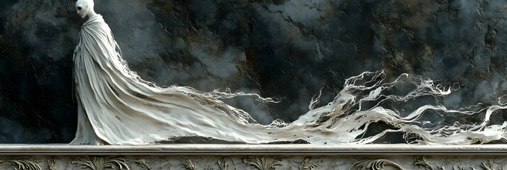 A 3D Render of a Ghostly Figure in a White Robe, Flowing and Draped Across a Stone Wall with a Grunge Texture