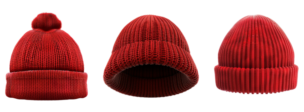Set of red winter hats isolated on transparent background