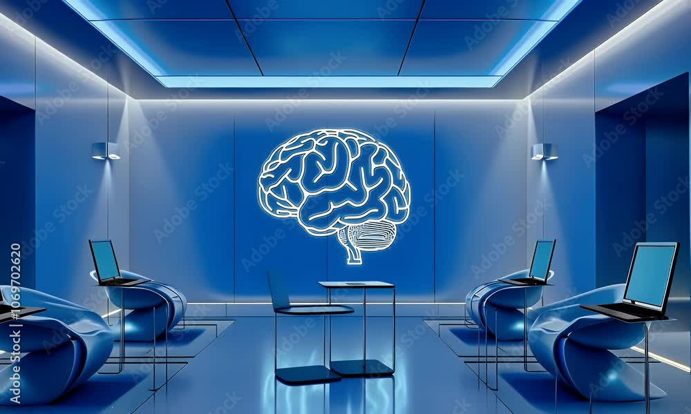 Poster a blue room with laptops and a brain-shaped structure in the center, symbolizing artificial intellig