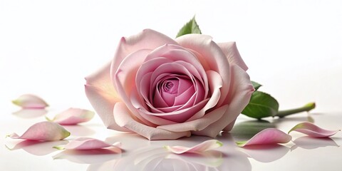 A Romantic Panoramic Photography of a Single Rose with Scattered Petals, Hyperrealistic 3D Illustration in Soft Pink Hues Isolated on a White Background for Elegant Decor