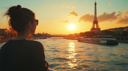 A silhouette of a person gazing at the sunset over the Seine, with the Eiffel Tower in view.