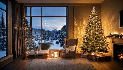 A cozy living room decorated for Christmas, featuring an elegant tree with lights and candles