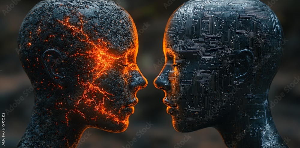Poster Two stone sculptures face each other, one with a glowing lava pattern and the other with circuit board patterns.