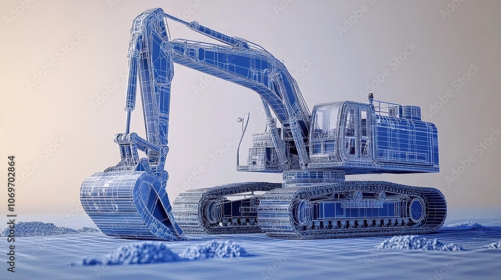 Aufkleber a realistic rendering of an excavator on rugged terrain, with transparent blueprints showing the int