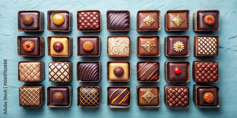 Poster artistic rectangular chocolates in a grid on light blue background for surreal photography, perfect 