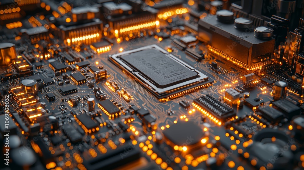 Poster intricate microelectronics circuit board close-up