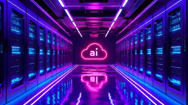 Neon lights illuminate a server room, with the word "AI" in a cloud shape at the end of the hallway.