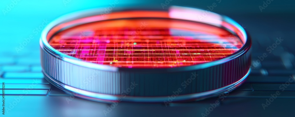Poster magnifying lens focusing on data network visuals