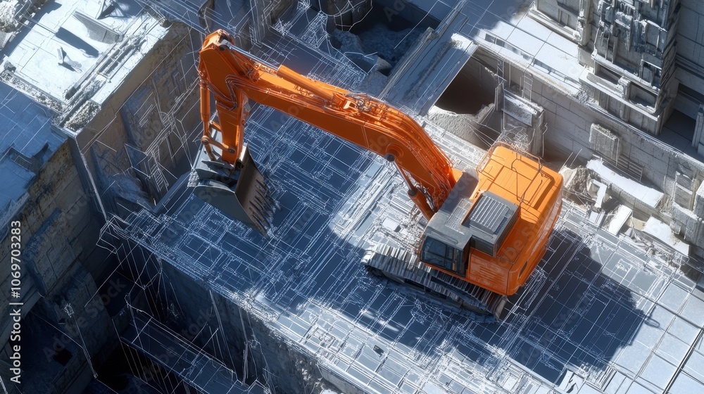 Aufkleber a realistic view of an excavator working on a site, combined with a blueprint overlay illustrating i