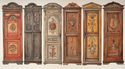 Obraz premium Vintage Wooden Cabinets with Intricate Artwork Design