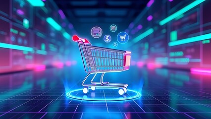 Shopping cart in a virtual reality environment, merging online shopping with immersive VR technology. Perfect for showcasing future e-commerce, digital retail, and tech innovation themes.