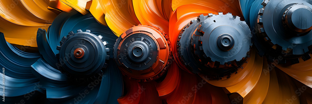 Poster abstract 3d render of interlocking gears with orange and blue swirling background