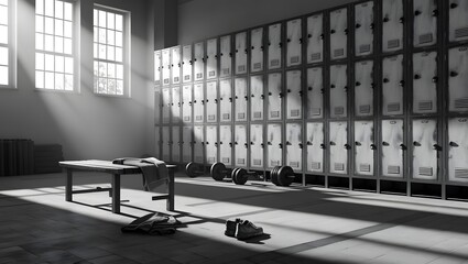 old-style gym locker room featuring vintage metal lockers with peeling paint and rust
