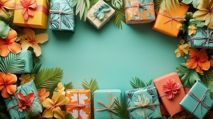 Tropical Gift Arrangement with Bright Floral and Leaf Border