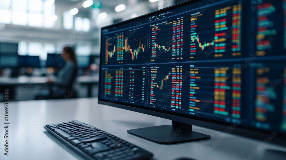 Poster digital dashboard displaying stock market trends and data