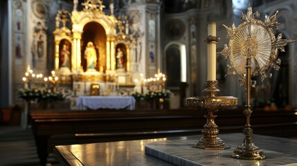 Fototapeta premium Eucharistic symbol, church monstrance embodying spiritual reverence, consecrated host for adoration, representing connection between believers and sacred through worship and prayer.