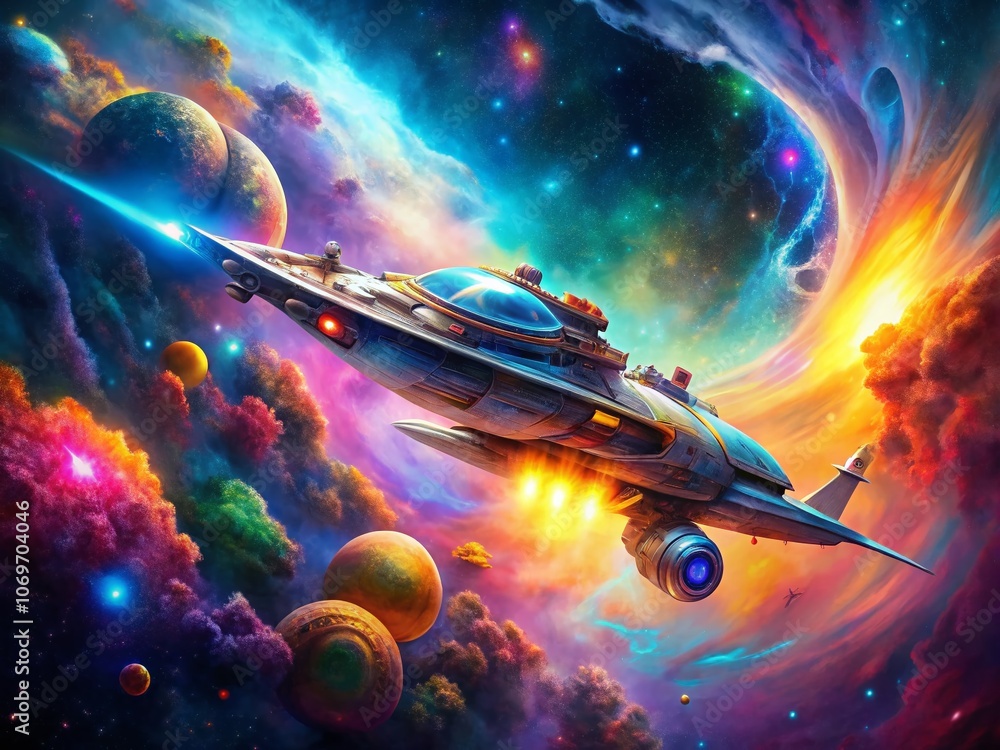 Poster a stunning journey of a spaceship through luminous nebulae: capturing the essence of space explorati