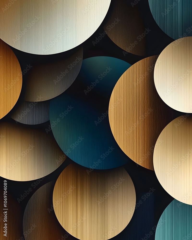 Aufkleber an abstract composition featuring overlapping metallic circles in various shades of blue, gold, and 