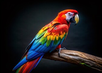 Fototapeta premium A Stunning Macaw Perched on a Branch with Vibrant Feathers and Sharp Beak Captured Against a Black Background, Highlighting Its Striking and Colorful Appearance in Urban Exploration Photography