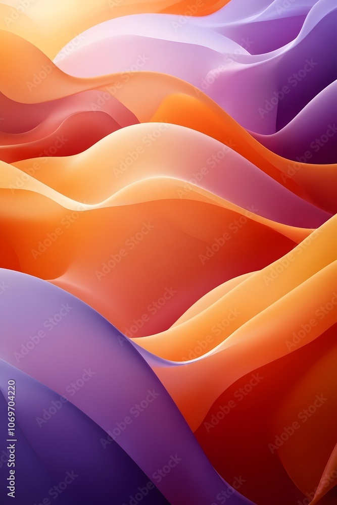 Poster an abstract composition featuring flowing waves of warm orange and purple hues, creating a harmoniou