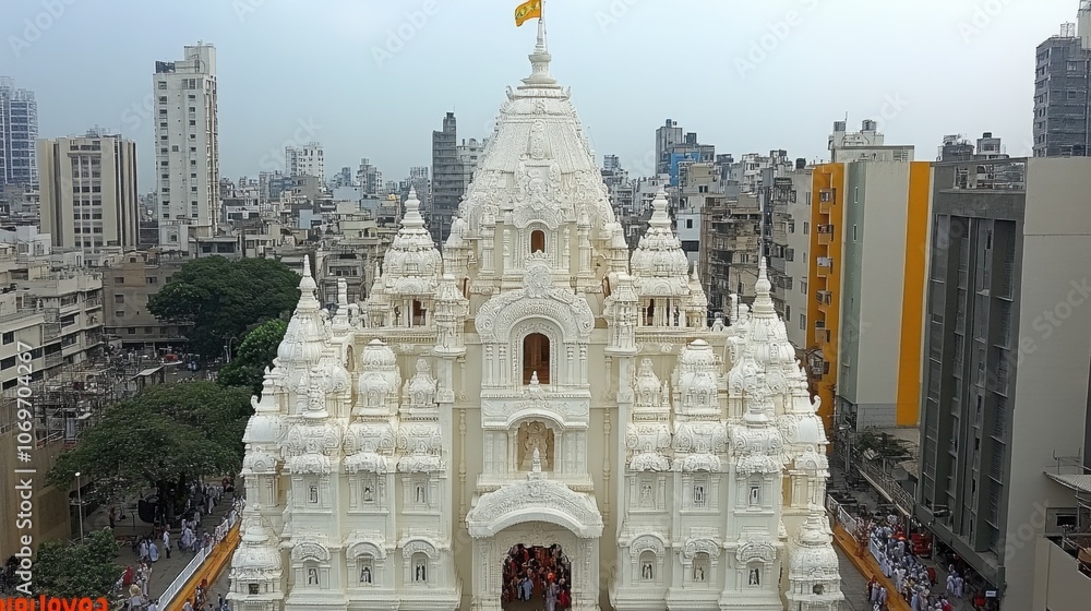 Poster a serene morning view of the shree siddhivinayak temple in mumbai, capturing its intricate architect