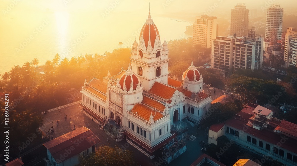 Poster a serene morning view of the shree siddhivinayak temple in mumbai, capturing its intricate architect