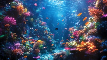 Fototapeta premium Vibrant coral reef teeming with colorful fish and marine life.
