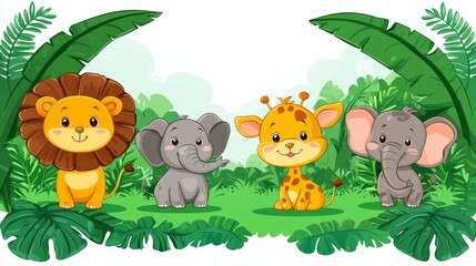 Cute Cartoon Animals for Kids in Jungle Background