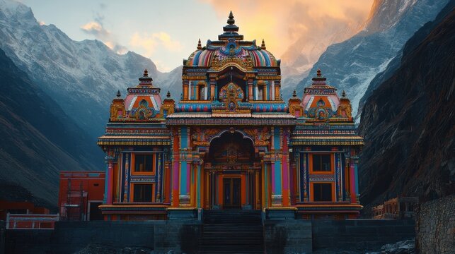 A serene shot of the Badrinath Temple nestled in the Himalayas, highlighting its colorful against the majestic mountain backdrop, symbolizing faith and devotion
