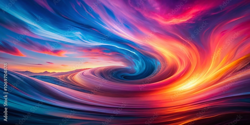 Poster a vibrant abstract swirl of pink and blue: a captivating dance of color in a dynamic wave and fiery 