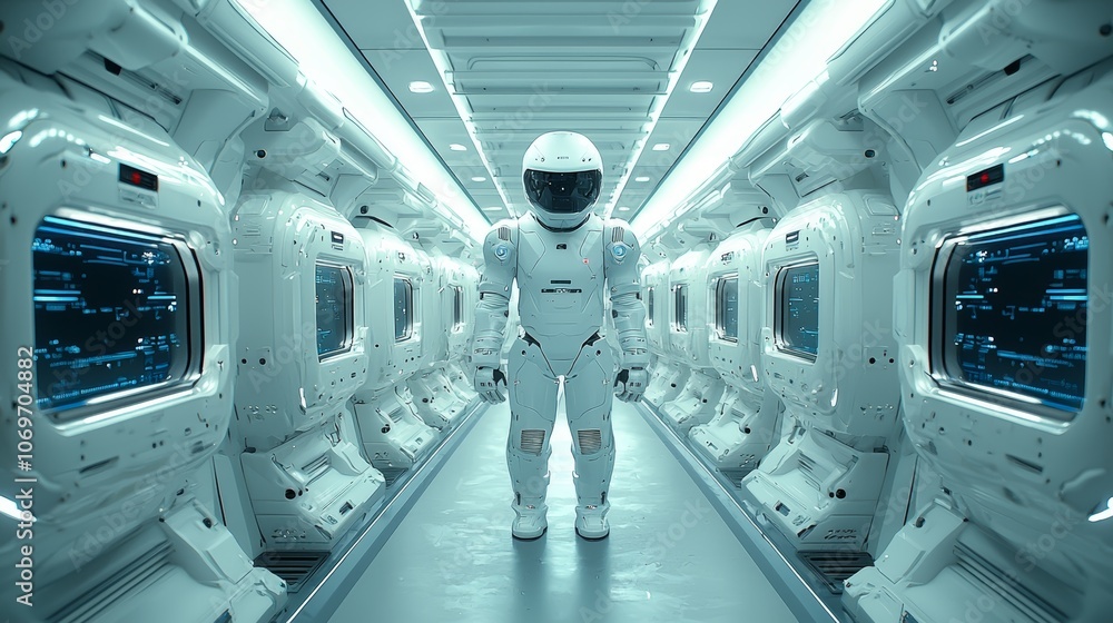 Poster futuristic automated assembly line in technology environment