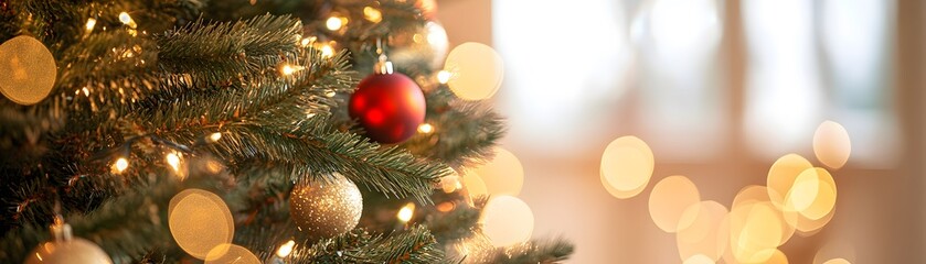 Close-up of a Decorated Christmas Tree with Red and Gold Ornaments
