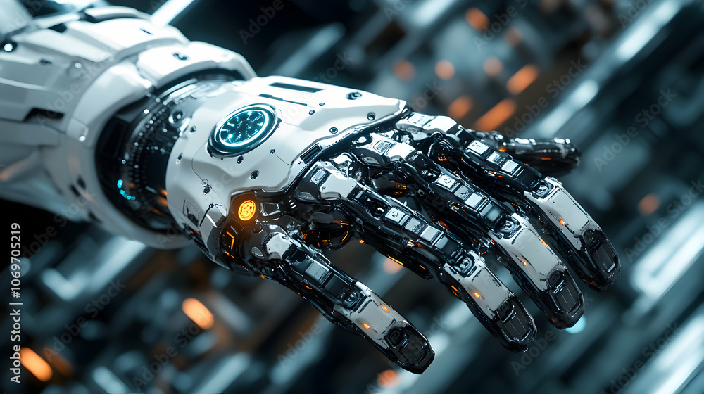 Aufkleber a close-up view of a futuristic robotic hand with glowing details, rendered in 3d with a metallic fi