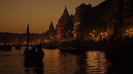 Fototapeta premium A serene shot of the Ganga Aarti at the Dashashwamedh Ghat in Varanasi, highlighting the spiritual architecture and vibrant rituals of Hindu worship
