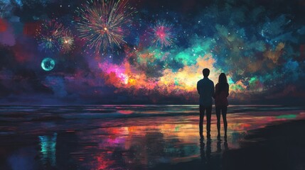 Obraz premium Couple watching fireworks over the ocean on New Year’s Eve, romantic, colorful reflections, night sky,