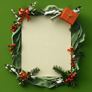 3D illustration of an empty sheet of paper with a Christmas theme featuring gifts, snow, and mistletoe, set on a vibrant green background
