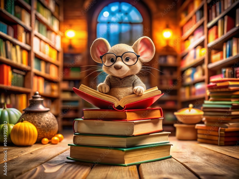 Aufkleber a whimsical scene of a funny toy mouse reading books in a cozy library setting with colorful bookshe