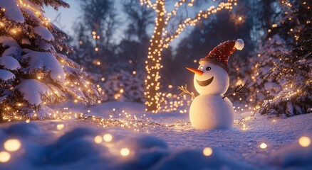 Obraz premium A cheerful snowman stands amidst softly glowing lights, surrounded by snow-covered trees, creating a magical winter scene.